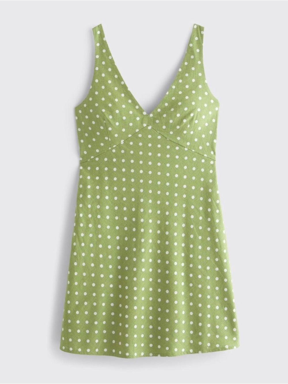 Abercrombie V-Neck Linen-Blend Mini Dress in Green Dot